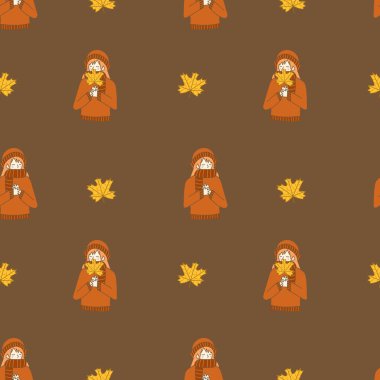 Süveter giyen kız elinde akçaağaç yaprağı çizimi sonbahar sonbahar temalı kusursuz model vektörü