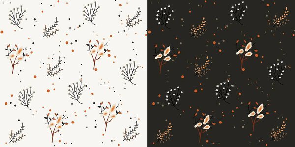 Autumn Cozy Elements Vector Seamless Pattern of Fall Leaves and Floral Decorations