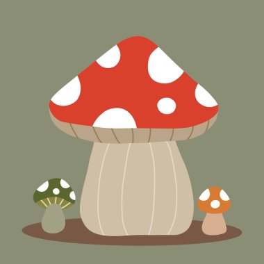 Beyaz noktalı Mantar Grubu İllüstrasyon Sonbahar Teması İzole Edilmiş Vektör