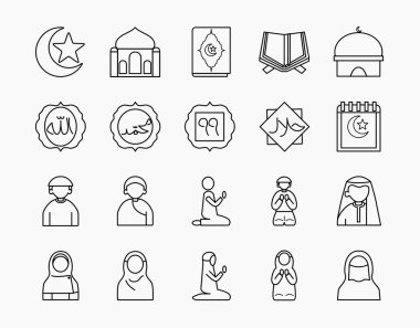 Minimalist tek renkli simge setiyle İslami özet. Ramazan, İslami olaylar ve dini temalı tasarımlar için ideal