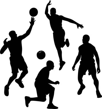 Hareketli Siluetlerdeki Dinamik Basketbol Oyuncuları. Oyunun enerji ve atletizmini gözler önüne seren çeşitli pozlardaki dört basketbolcunun ilüet çizimi..