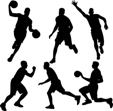 Hareketli Siluetlerdeki Dinamik Basketbol Oyuncuları. Oyunun enerji ve atletizmini gözler önüne seren çeşitli pozlardaki dört basketbolcunun ilüet çizimi..