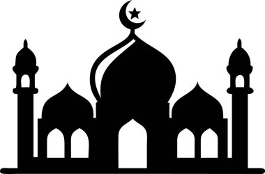 Cami simgesi. Hilal aylı basit bir cami silueti. Bir caminin temiz, etkili bir silueti, İslam kültürünü, dini temalarını veya mimari tasarımları temsil etmek için mükemmel. Bayram mübareği tipografisi. Cami logosu..