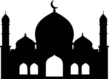 Cami simgesi. Hilal aylı basit bir cami silueti. Bir caminin temiz, etkili bir silueti, İslam kültürünü, dini temalarını veya mimari tasarımları temsil etmek için mükemmel. Bayram mübareği tipografisi. Cami logosu..