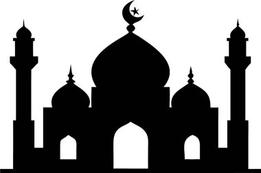 Cami simgesi. Hilal aylı basit bir cami silueti. Bir caminin temiz, etkili bir silueti, İslam kültürünü, dini temalarını veya mimari tasarımları temsil etmek için mükemmel. Bayram mübareği tipografisi. Cami logosu..