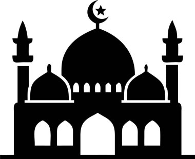 Cami simgesi. Hilal aylı basit bir cami silueti. Bir caminin temiz, etkili bir silueti, İslam kültürünü, dini temalarını veya mimari tasarımları temsil etmek için mükemmel. Bayram mübareği tipografisi. Cami logosu..