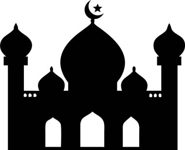 Cami simgesi. Hilal aylı basit bir cami silueti. Bir caminin temiz, etkili bir silueti, İslam kültürünü, dini temalarını veya mimari tasarımları temsil etmek için mükemmel. Bayram mübareği tipografisi. Cami logosu..