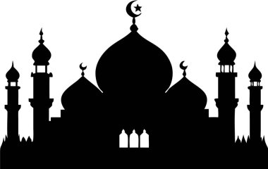 Cami simgesi. Hilal aylı basit bir cami silueti. Bir caminin temiz, etkili bir silueti, İslam kültürünü, dini temalarını veya mimari tasarımları temsil etmek için mükemmel. Bayram mübareği tipografisi. Cami logosu..