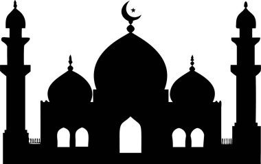 Cami simgesi. Hilal aylı basit bir cami silueti. Bir caminin temiz, etkili bir silueti, İslam kültürünü, dini temalarını veya mimari tasarımları temsil etmek için mükemmel. Bayram mübareği tipografisi. Cami logosu..