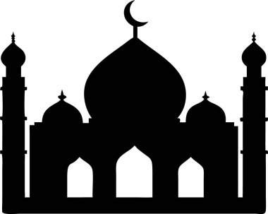 Cami simgesi. Hilal aylı basit bir cami silueti. Bir caminin temiz, etkili bir silueti, İslam kültürünü, dini temalarını veya mimari tasarımları temsil etmek için mükemmel. Bayram mübareği tipografisi. Cami logosu..