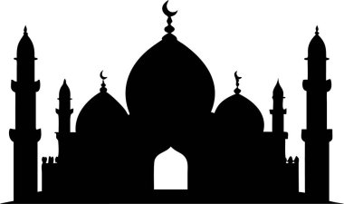 Cami simgesi. Hilal aylı basit bir cami silueti. Bir caminin temiz, etkili bir silueti, İslam kültürünü, dini temalarını veya mimari tasarımları temsil etmek için mükemmel. Bayram mübareği tipografisi. Cami logosu..