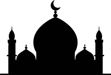 Cami simgesi. Hilal aylı basit bir cami silueti. Bir caminin temiz, etkili bir silueti, İslam kültürünü, dini temalarını veya mimari tasarımları temsil etmek için mükemmel. Bayram mübareği tipografisi. Cami logosu..