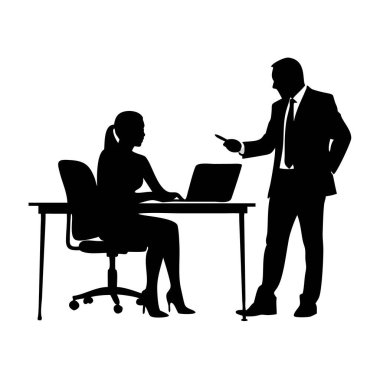 Ofiste dizüstü bilgisayarla çalışan iki yöneticinin siyah iş ekibi. Genç ve mutlu bir iş kadını yöneticisi, olgun erkek müşteriye, yatırımcıya ya da iş ortağına proje sunumu yapıyor.