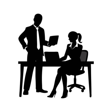 Ofiste dizüstü bilgisayarla çalışan iki yöneticinin siyah iş ekibi. Genç ve mutlu bir iş kadını yöneticisi, olgun erkek müşteriye, yatırımcıya ya da iş ortağına proje sunumu yapıyor.