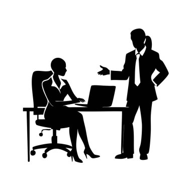 Ofiste dizüstü bilgisayarla çalışan iki yöneticinin siyah iş ekibi. Genç ve mutlu bir iş kadını yöneticisi, olgun erkek müşteriye, yatırımcıya ya da iş ortağına proje sunumu yapıyor.