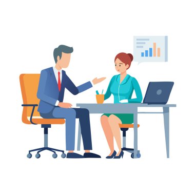 İki meşgul profesyonelden oluşan bir iş ekibi şirket stratejisini tartışıyor.