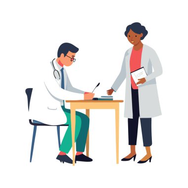 Muayenehanede kıdemli yaşlı hastaya danışmanlık. Doktor ve hasta danışmanlığı. Bir doktor ve hastanın tıbbi muayenehane ortamında etkileşime geçtiğinin dostane ve profesyonel bir gösterimi..