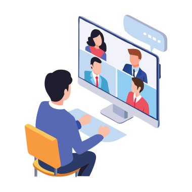 Meslektaşlarıyla çevrimiçi video konferansında iş adamı. Sanal bir toplantıya katılan bir kişinin stilize edilmiş izometrik çizimi..