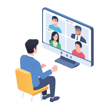 Meslektaşlarıyla çevrimiçi video konferansında iş adamı. Sanal bir toplantıya katılan bir kişinin stilize edilmiş izometrik çizimi..