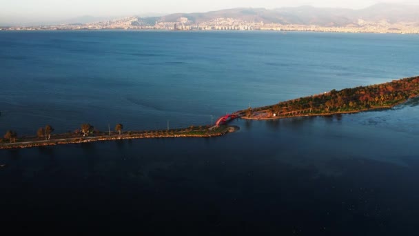 Вид Воздуха Красный Пешеходный Мост Соединяет Две Земли Покрытые Деревьями — стоковое видео