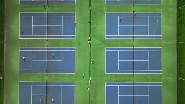 空中拍摄蓝色网球场和打网球的人 高质量的4K镜头从上方拍摄 拍摄到令人赞叹的蓝色庭院被茂密的绿叶环绕 — 图库视频影像