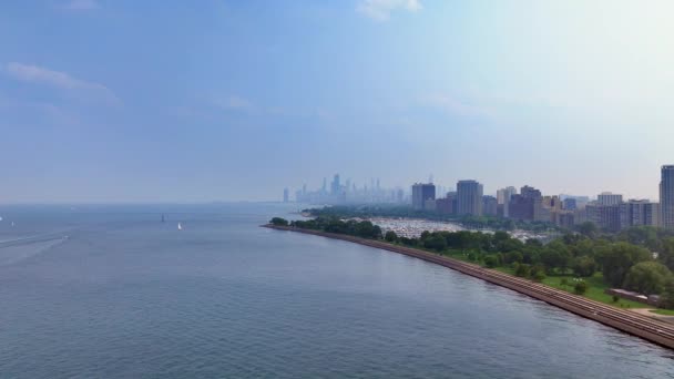 Shot Chicago Breathtaking Aerial Perspective Stunning Backdrop Clear Blue Sky — Video Stock