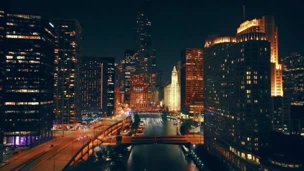 Viste Aeree Notturne Del Centro Chicago Trump Tower Paesaggio Urbano — Video Stock