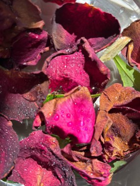 Üzerinde köpüklü su damlacıkları olan kırmızı, mor ve pembe tonlarda kurumuş gül yapraklarından canlı bir yakın plan. Yapraklar hafif bir arkaplanda serpilmiş. Tazelik ve geçici güzelliği çağrıştırıyor..