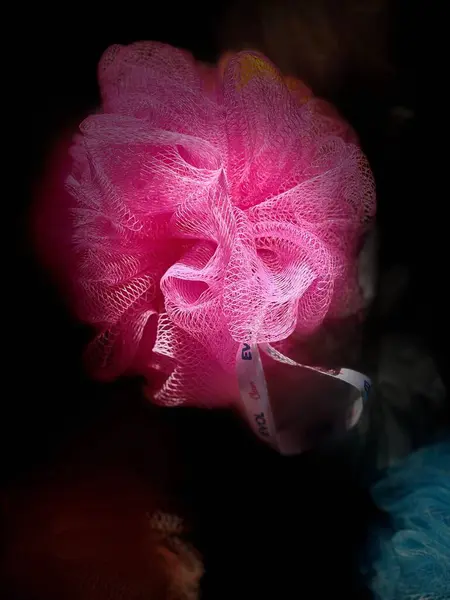 Işığı yansıtan hassas dokuları olan canlı pembe bir banyo süngeri. Görüntü yumuşaklık ve neşe veriyor, günlük rutinlerde özgüven ve rahatlama anlarını anımsatıyor. Kalın rengi banyo yapmaya modernlik ve eğlence katıyor..