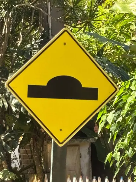 Elmas şeklinde bir trafik levhası. Sarıya boyanmış. Siyah bir sembol, yemyeşil bitki örtüsüyle çevrili bir engeli temsil ediyor. Canlı işaret doğayla çelişiyor, ikamet yeri veya kırsal kesimde trafik güvenliği bilincine dikkat ve dikkat çekiyor