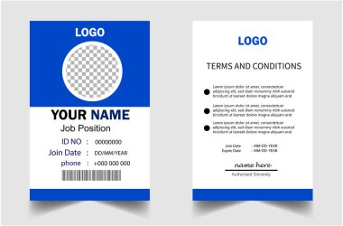 Ofis çalışanı kimlik kartı tasarım şablonu ya da profesyonel yaratıcı kimlik kartı tasarım şablonu, ipli basit mavi olay personel kimlik kartı seti. Yaratıcı vektör tasarımı ve metin şablonu 