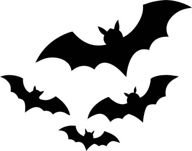 Beyaz Arkaplan Karşısında Uçan Yarasaların Silueti. Cadılar Bayramı eşyaları. Saf beyaz arkaplana karşı uçan birkaç yarasanın basit, siyah bir çizimi. 