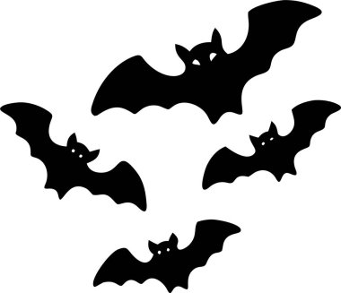 Beyaz Arkaplan Karşısında Uçan Yarasaların Silueti. Cadılar Bayramı eşyaları. Saf beyaz arkaplana karşı uçan birkaç yarasanın basit, siyah bir çizimi. 
