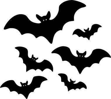 Beyaz Arkaplan Karşısında Uçan Yarasaların Silueti. Cadılar Bayramı eşyaları. Saf beyaz arkaplana karşı uçan birkaç yarasanın basit, siyah bir çizimi. 
