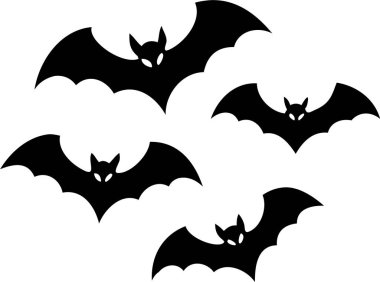 Beyaz Arkaplan Karşısında Uçan Yarasaların Silueti. Cadılar Bayramı eşyaları. Saf beyaz arkaplana karşı uçan birkaç yarasanın basit, siyah bir çizimi. 