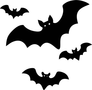 Beyaz Arkaplan Karşısında Uçan Yarasaların Silueti. Cadılar Bayramı eşyaları. Saf beyaz arkaplana karşı uçan birkaç yarasanın basit, siyah bir çizimi. 