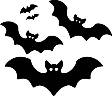 Beyaz Arkaplan Karşısında Uçan Yarasaların Silueti. Cadılar Bayramı eşyaları. Saf beyaz arkaplana karşı uçan birkaç yarasanın basit, siyah bir çizimi. 