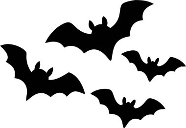 Beyaz Arkaplan Karşısında Uçan Yarasaların Silueti. Cadılar Bayramı eşyaları. Saf beyaz arkaplana karşı uçan birkaç yarasanın basit, siyah bir çizimi. 