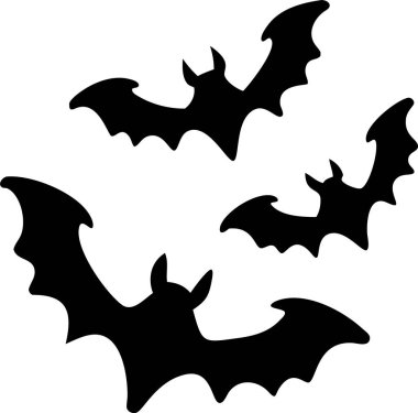 Beyaz Arkaplan Karşısında Uçan Yarasaların Silueti. Cadılar Bayramı eşyaları. Saf beyaz arkaplana karşı uçan birkaç yarasanın basit, siyah bir çizimi. 