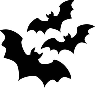 Beyaz Arkaplan Karşısında Uçan Yarasaların Silueti. Cadılar Bayramı eşyaları. Saf beyaz arkaplana karşı uçan birkaç yarasanın basit, siyah bir çizimi. 