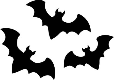 Beyaz Arkaplan Karşısında Uçan Yarasaların Silueti. Cadılar Bayramı eşyaları. Saf beyaz arkaplana karşı uçan birkaç yarasanın basit, siyah bir çizimi. 