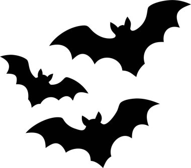 Beyaz Arkaplan Karşısında Uçan Yarasaların Silueti. Cadılar Bayramı eşyaları. Saf beyaz arkaplana karşı uçan birkaç yarasanın basit, siyah bir çizimi. 