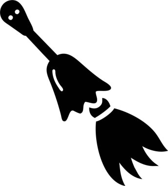 Hayalet süpürge ikonu silueti. Toprağı süpüren sevimli bir çizgi film süpürgesi var. Dost canlısı bir süpürgenin küçük toprak parçalarını süpürmesinin basit bir siyah beyaz çizimi.. 