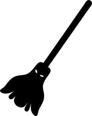 Hayalet süpürge ikonu silueti. Toprağı süpüren sevimli bir çizgi film süpürgesi var. Dost canlısı bir süpürgenin küçük toprak parçalarını süpürmesinin basit bir siyah beyaz çizimi.. 