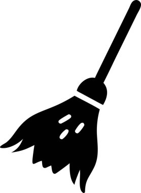 Hayalet süpürge ikonu silueti. Toprağı süpüren sevimli bir çizgi film süpürgesi var. Dost canlısı bir süpürgenin küçük toprak parçalarını süpürmesinin basit bir siyah beyaz çizimi.. 