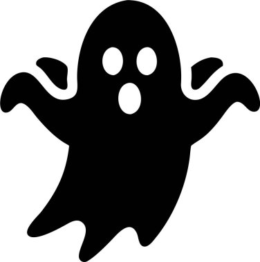Bir çizgi film hayaletinin ürkütücü silueti. Hayalet ikon silueti. Büyük, anlamlı gözleri ve ağzı açık, korkmuş ya da şaşırmış bir ifadeyi işaret eden basit, siyah bir hayalet silueti..