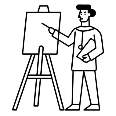 Sanatçı sehpası sanat vektörü. Tablo üzerinde çalışan gülümseyen bir sanatçı. Şövaleye resim yapan birinin basit bir çizgisi.. 