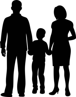 Bir aile siluetinin arka görüntüsü. Bir arada duran destekleyici bir ailenin silueti. Güçlü, destekleyici bir aile silueti. Bir adam ve iki kadın..