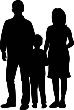 Bir aile siluetinin arka görüntüsü. Bir arada duran destekleyici bir ailenin silueti. Güçlü, destekleyici bir aile silueti. Bir adam ve iki kadın..