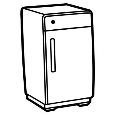 Buzdolabı çizgisi sanat vektörü. Gıda Ürünleri ile Retro Buzdolabını aç. Açık kaliteli bir buzdolabının basit, siyah beyaz çizgisi..